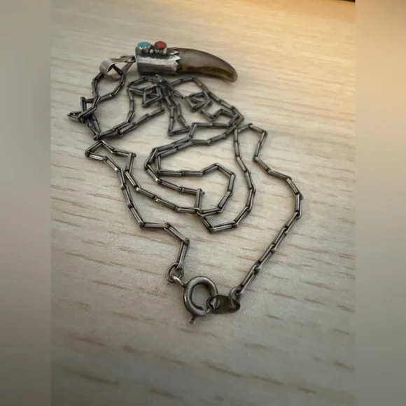 Native American Navajo bear claw pendant turquoise + coral silver 30” necklace - Picture 2 of 6